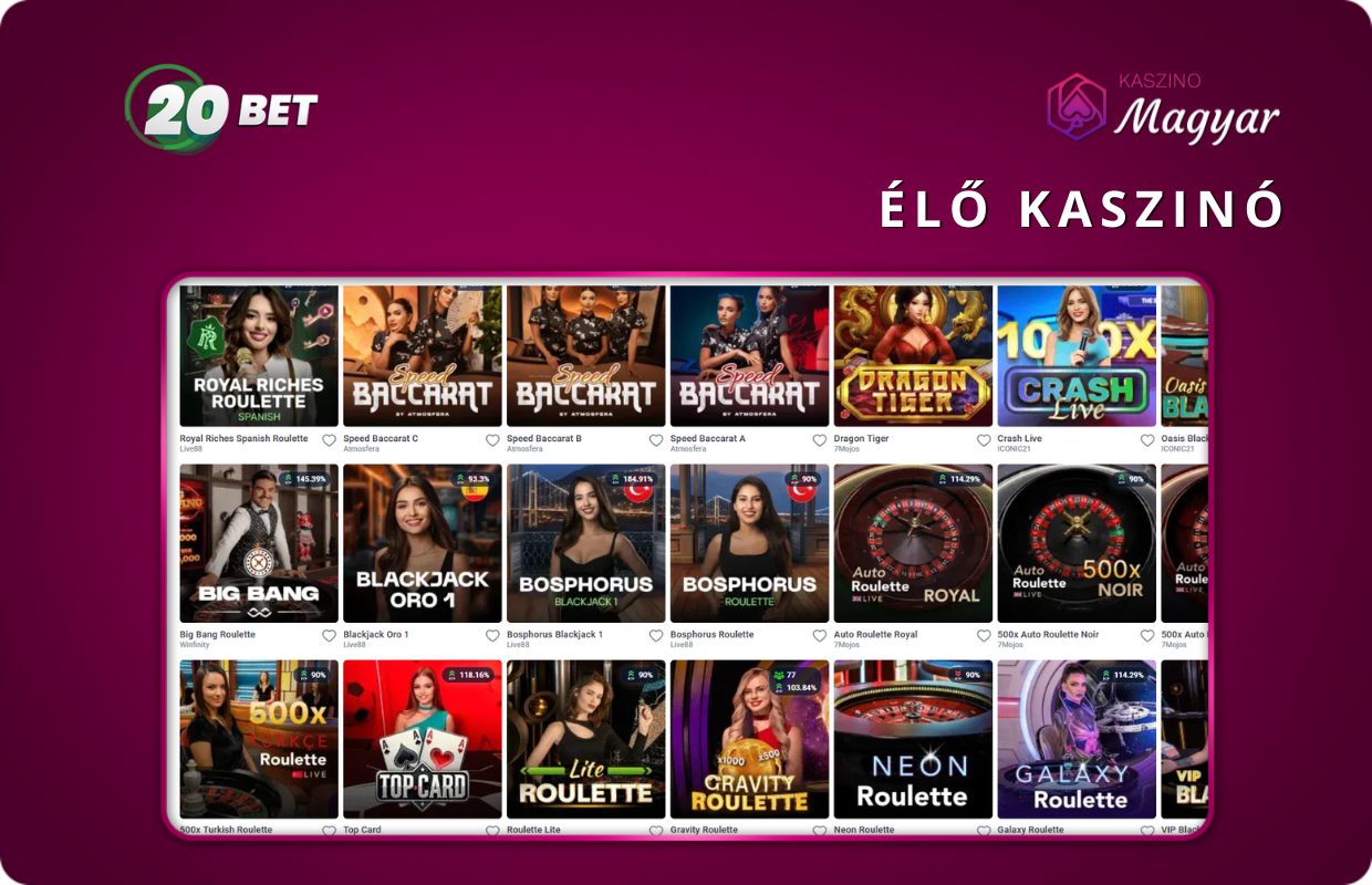 20Bet élő kaszinója: blackjack, baccarat, rulett, és egyéb élő játékok